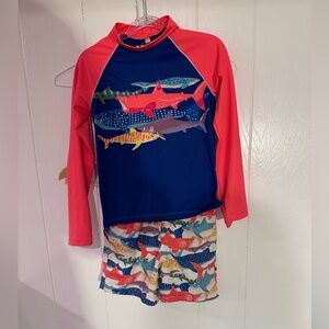 Boden Kids Navy & Coral Shark Rashguard Set